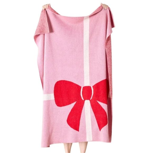 Anthropologie Other - Anthropologie Bonnie Jacquard Knit Throw Blanket Pink w/ Red Bow Anthro 50"x60"
